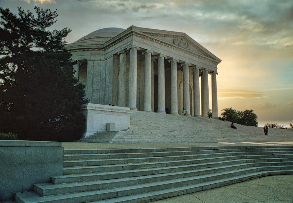 The iconic Jefferson Memorial captured at sunset, showcasing its majestic architecture in Washington DC.