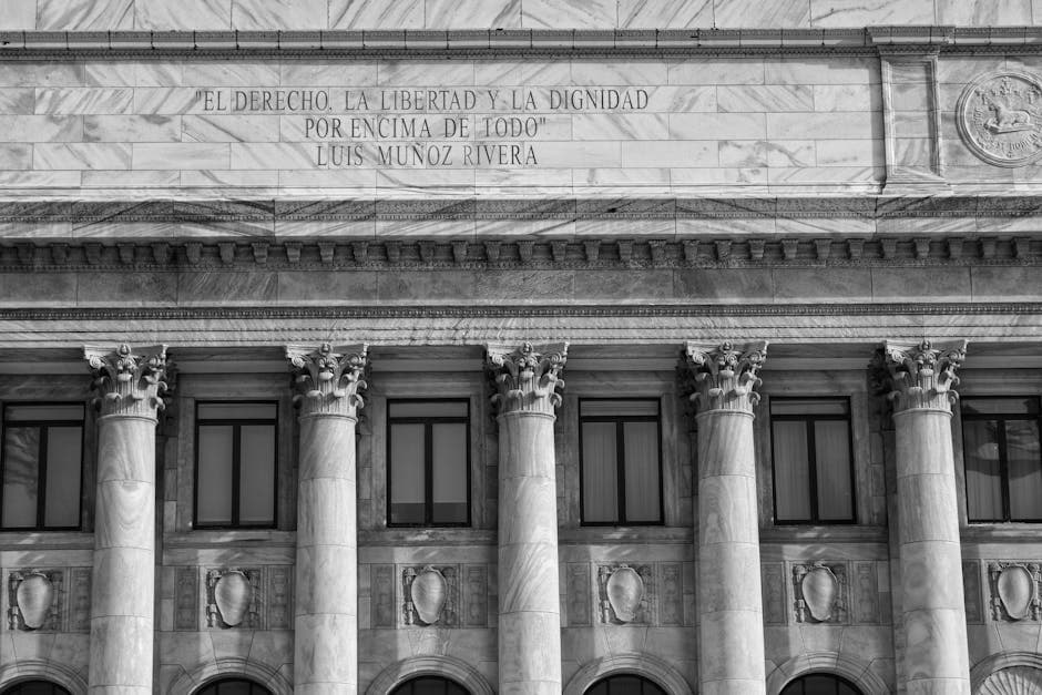 Neoclassical facade with columns in San Juan, Puerto Rico showcasing historic architecture.