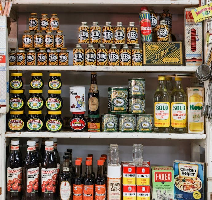 A nostalgic vintage grocery store shelf displaying classic products and retro packaging.