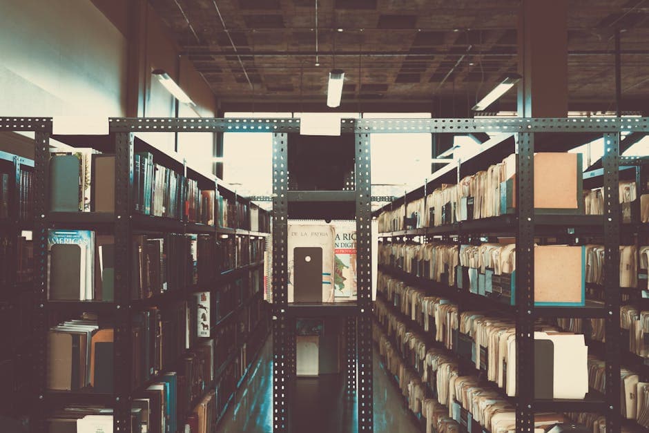 Bookshelves in a library with a vintage tone in San José, Costa Rica.