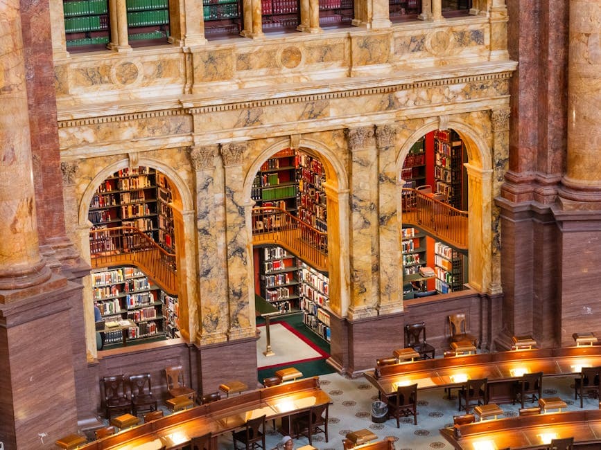 Explore the grand architecture of the Library of Congress, Washington D.C.'s iconic library.