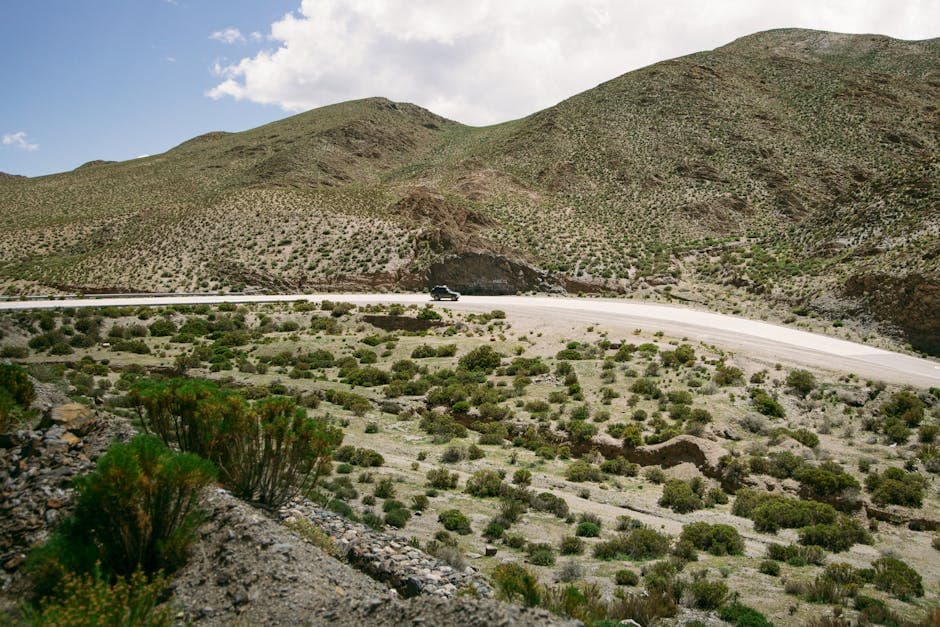 Aerial view of a winding road through the mountains in Jujuy, Argentina, on a sunny day.