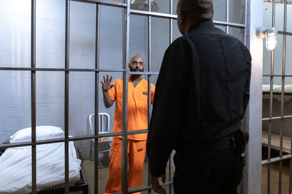 A male prisoner in an orange uniform stands behind bars facing a guard in a jail cell.