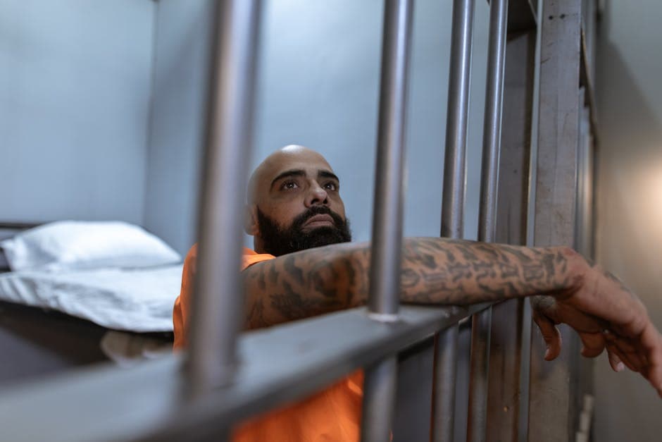 Tattooed inmate in an orange uniform behind prison bars, contemplating in a dimly lit cell.