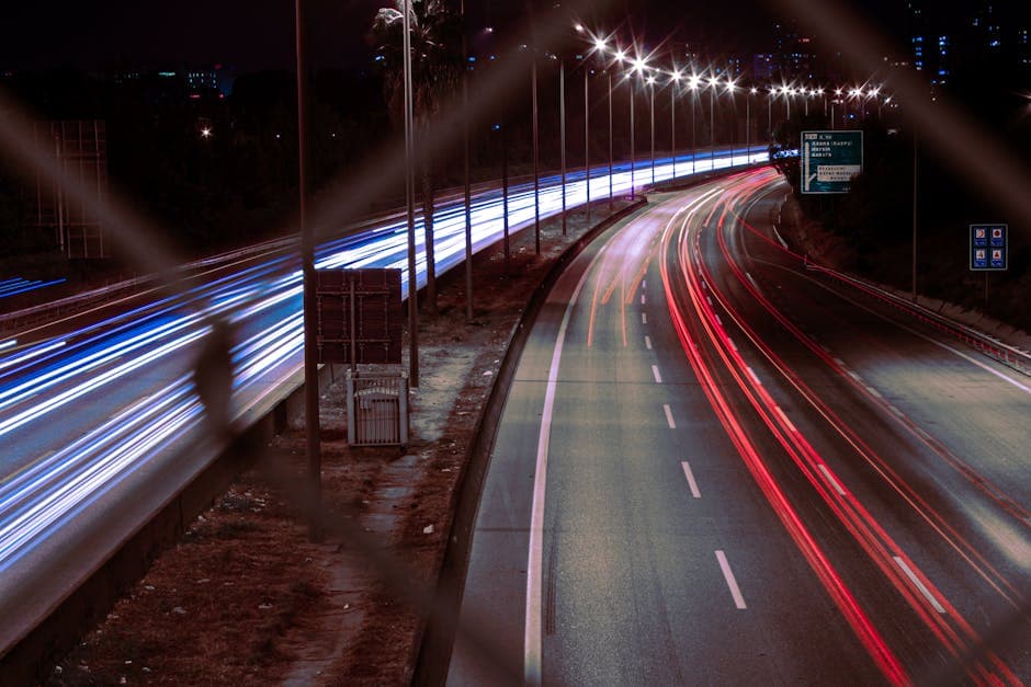 Dynamic long exposure photo of a highway at night in Türkiye.