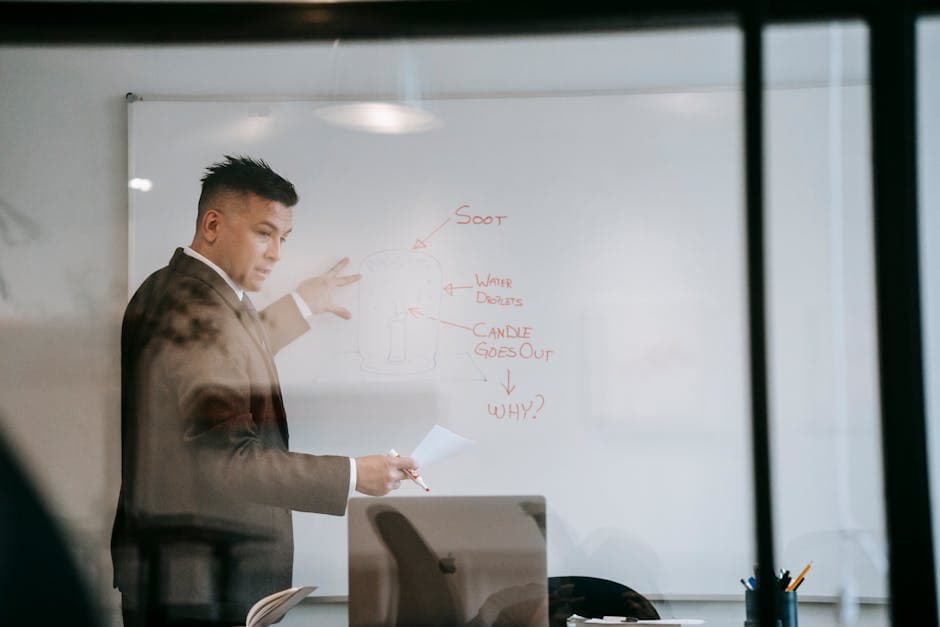 A business professional in formal wear presents an idea on a whiteboard, conveying a confident teaching moment.