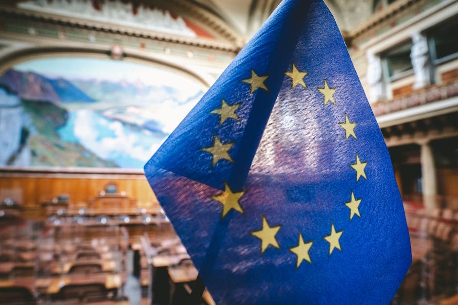 Close-up of the European Union flag inside the Swiss Parliament's National Council chamber in Bern.