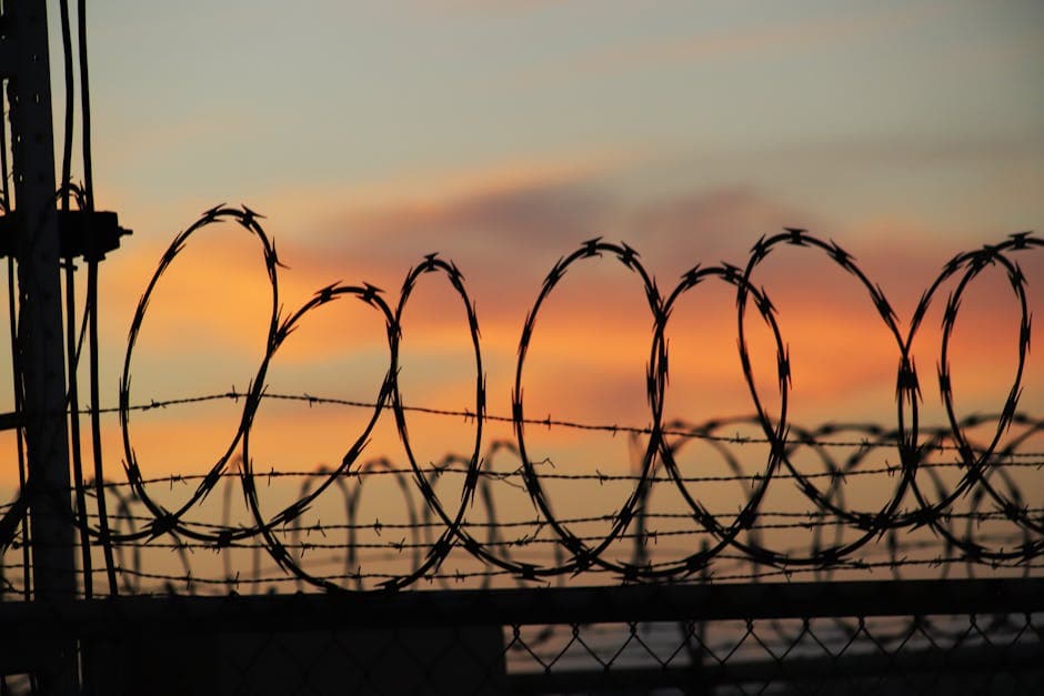 Barbed wire silhouettes against a colorful sunset sky, evoking themes of security and boundaries.