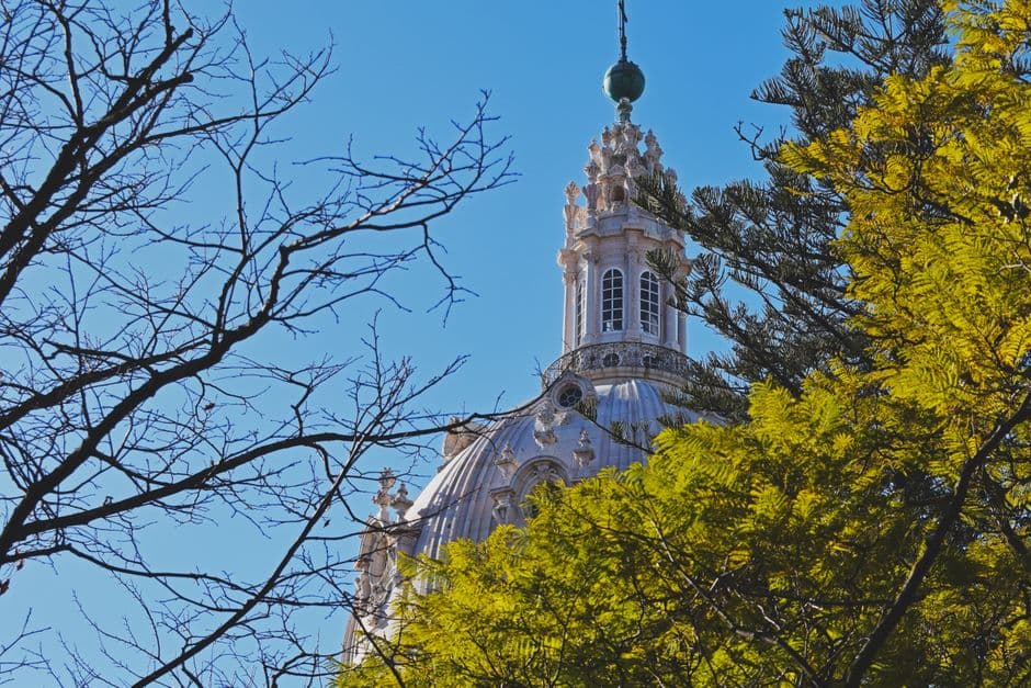 Beautiful view of the Basílica da Estrela dome through lush trees in Lisbon, Portugal.