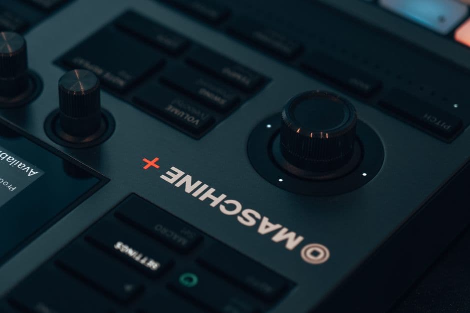 Detailed close-up of a synthesizer showcasing knobs and controls, ideal for music production themes.