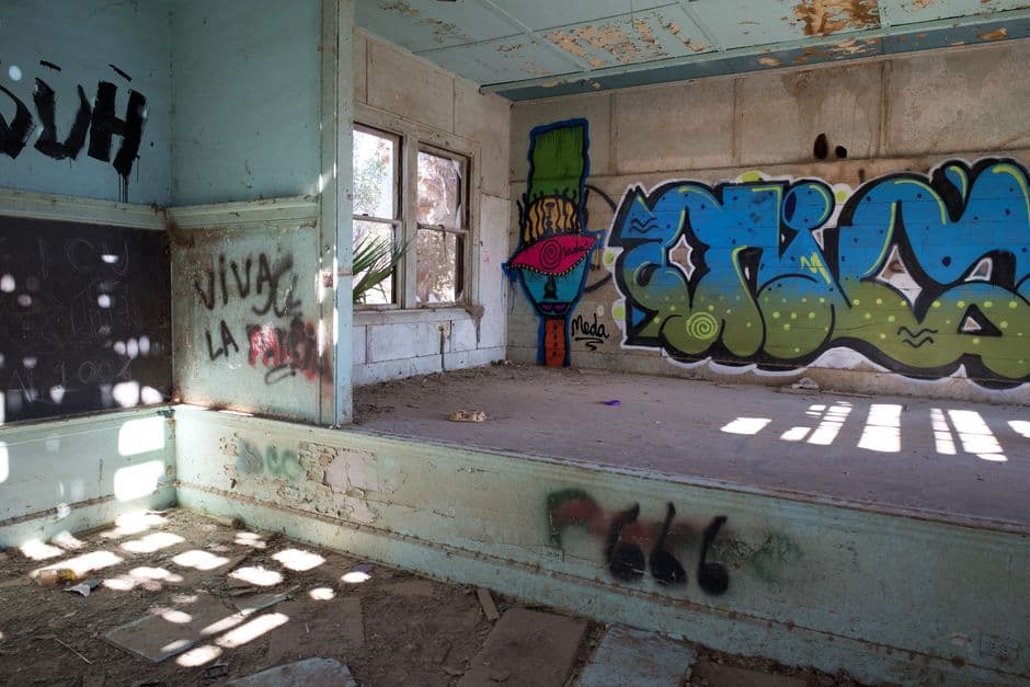 Explore an abandoned interior covered with vibrant graffiti and sunlight streaming through windows.