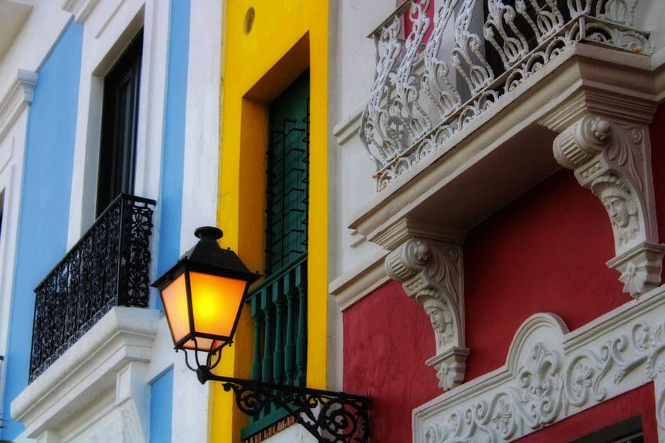 Vibrant colonial facades and ornate balconies in Old San Juan, Puerto Rico.