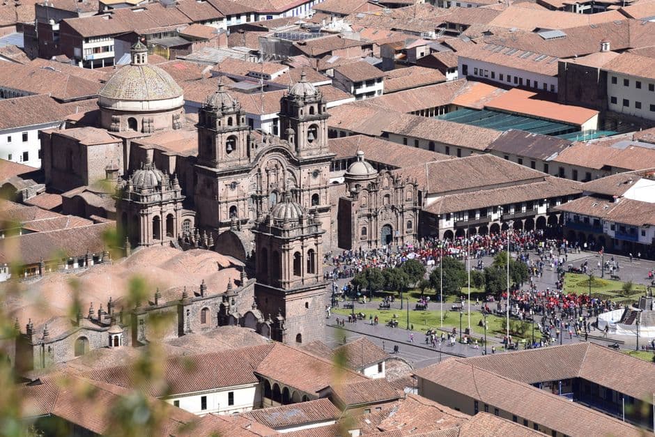 Stunning aerial shot of Cusco's historic Plaza de Armas, highlighting iconic colonial architecture.