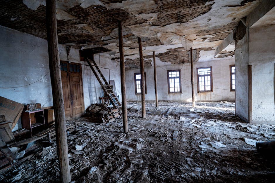 Explore the forgotten charm of this abandoned building with sunlit windows and peeling ceiling.