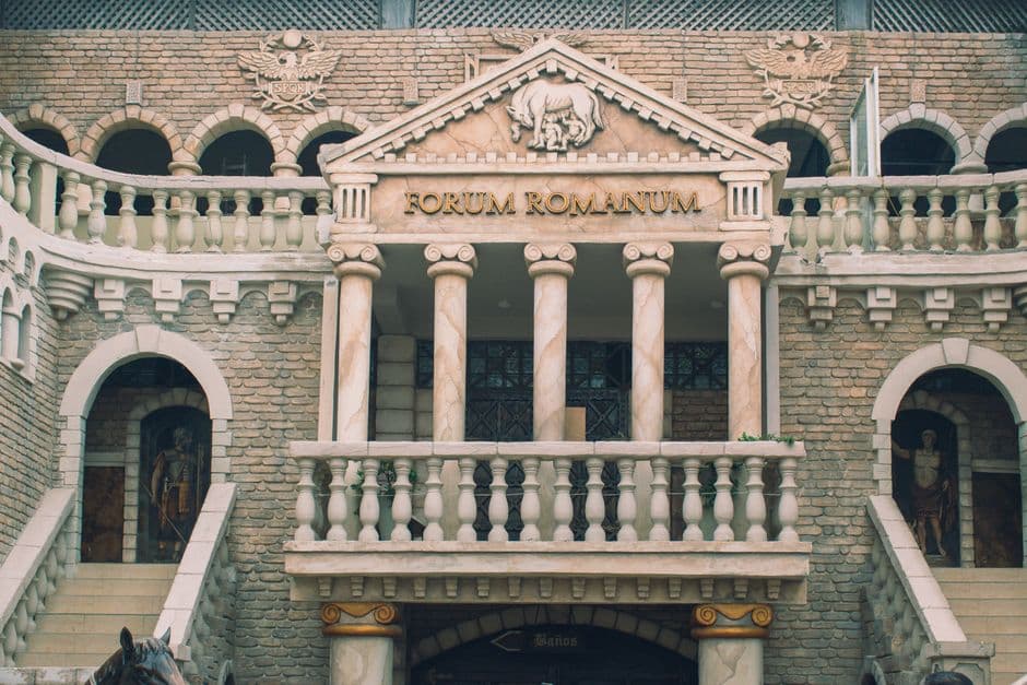 Elegant Roman-themed architectural facade at Chancay Castle, Peru.