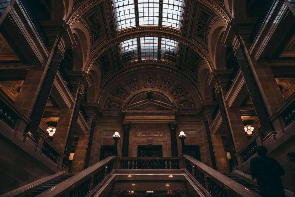 Explore the majestic interior design and architecture of the Wisconsin State Capitol in Madison.