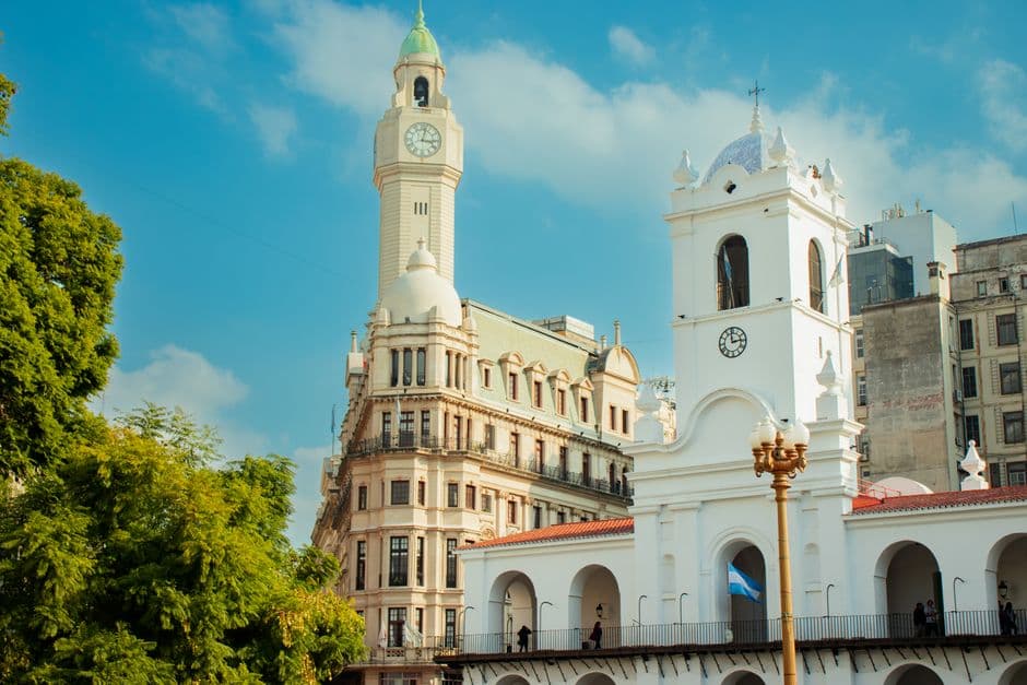 View of historic architecture with landmark towers in Buenos Aires, Argentina.