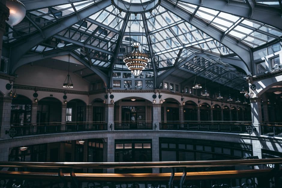 Explore this magnificent glass atrium with elegant chandeliers in Milwaukee.