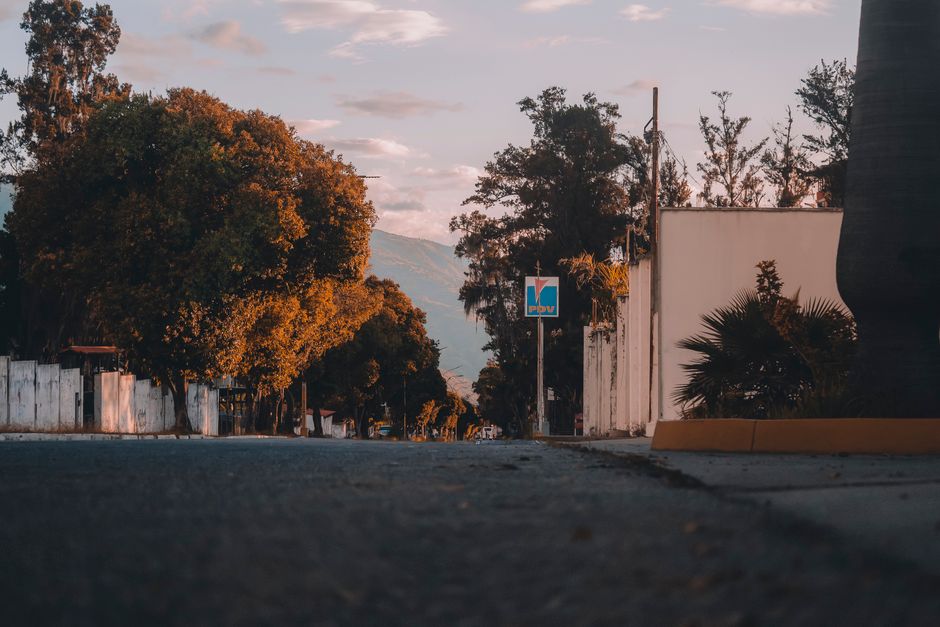 Peaceful street scene at sunset in Mérida, Venezuela with trees and warm lighting.