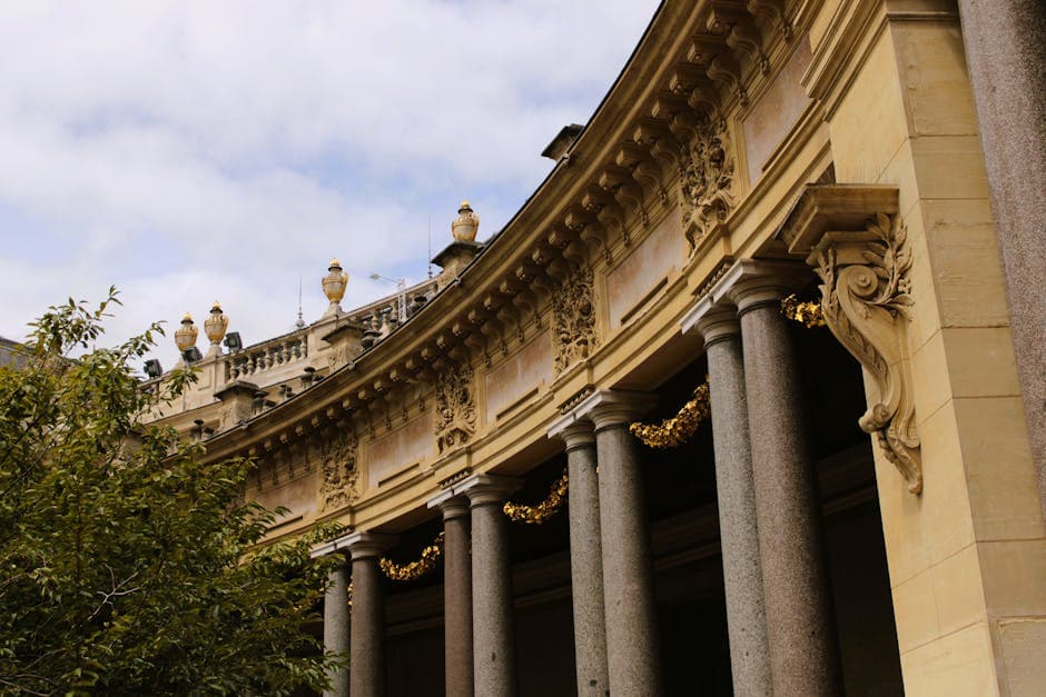 A majestic view of classical architecture with ornate columns in Paris, France.