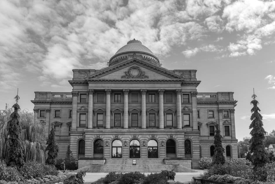 Stunning black and white view of the Luzerne County Courthouse in Wilkes-Barre, PA.