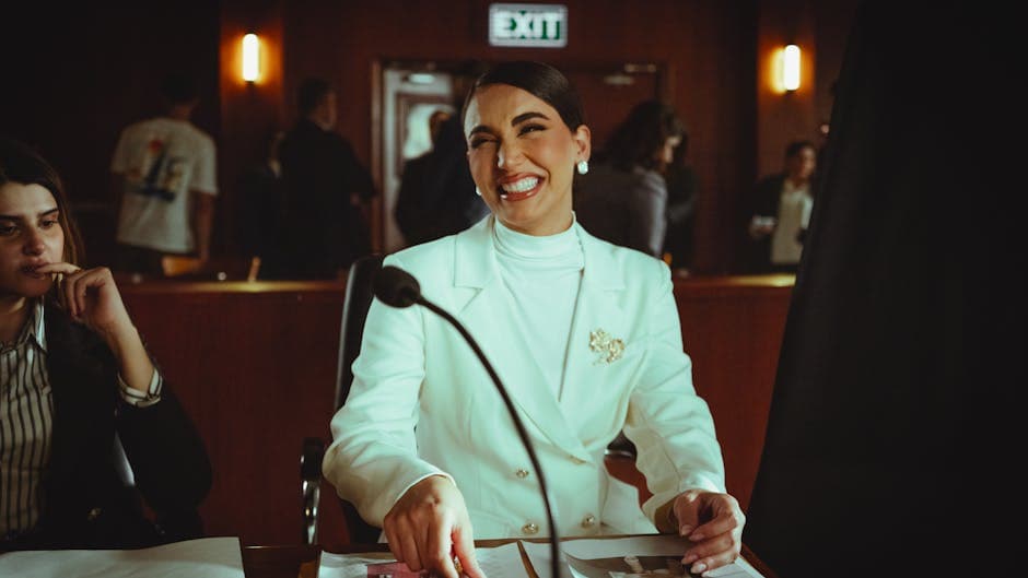 Smiling woman in white suit in a courtroom, conveying professionalism and confidence.
