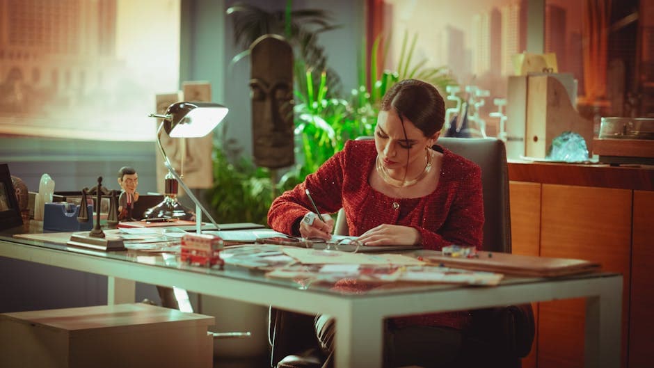 A professional woman working diligently at a desk in an office setting, Baghdad.
