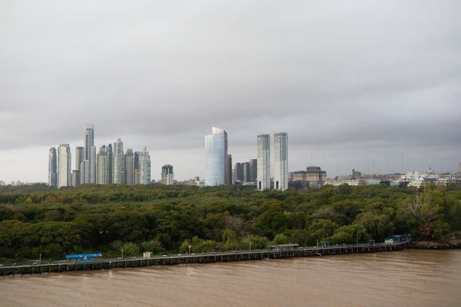 Aerial view of Buenos Aires skyline with skyscrapers and lush green forest.