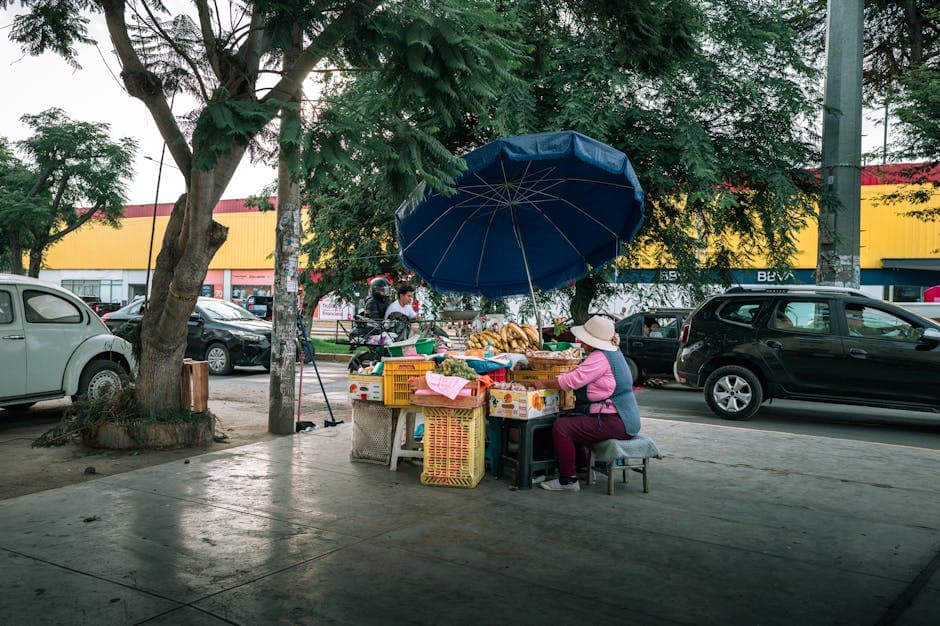 A vibrant street market stall selling fruits in Trujillo, Peru under a blue umbrella.