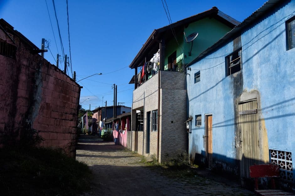 Charming street scene with colorful buildings in Ubatuba, São Paulo, Brazil.