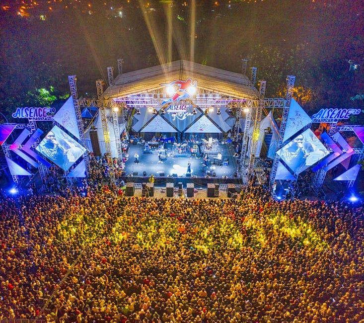 Aerial view of a large crowd enjoying a nighttime concert.