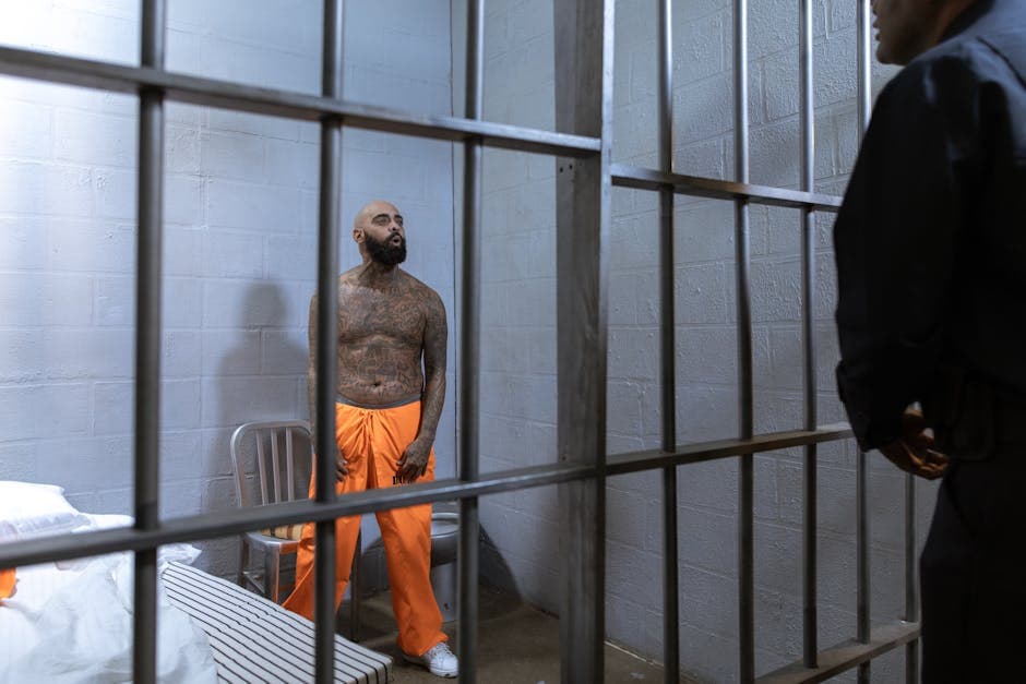A tattooed prisoner stands behind bars in an orange jumpsuit under a guard's watch.