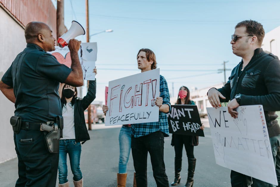 A peaceful protest with diverse individuals and police interaction, emphasizing unity and civil rights.