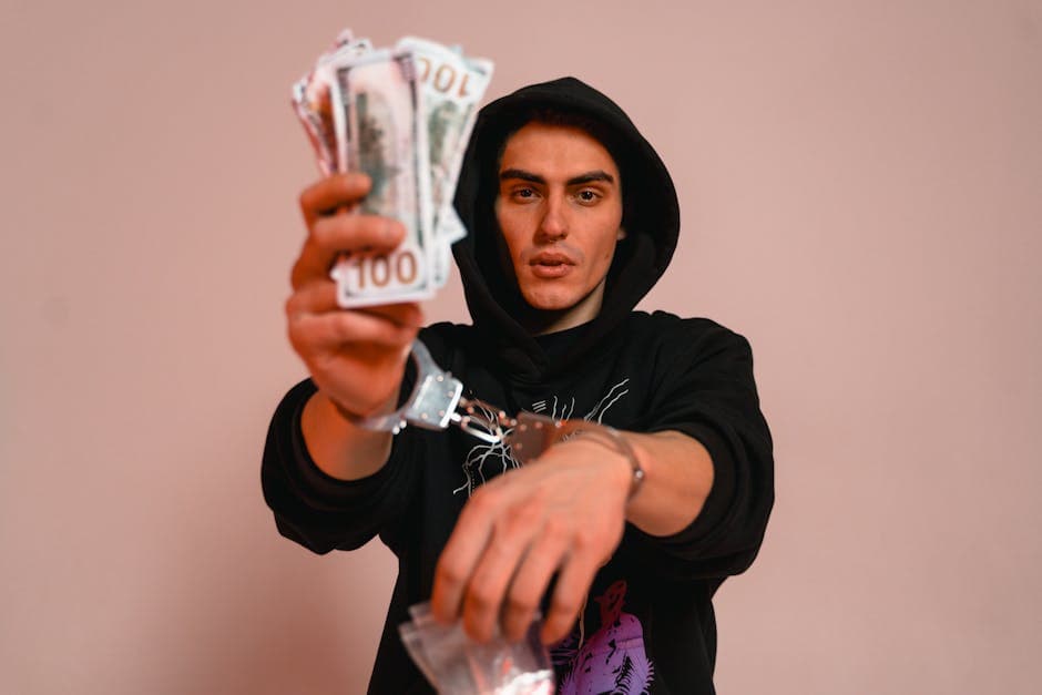 Man in handcuffs holds cash and small bag indoors, symbolizing crime and illegal activity.