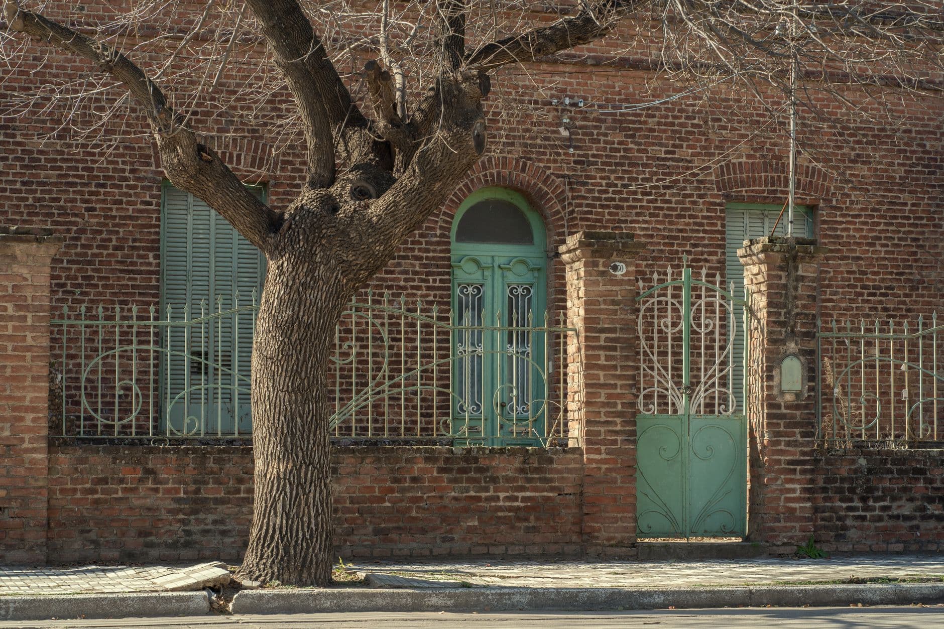 Rustic brick facade with a turquoise door and tree in Oliva, Córdoba, Argentina.