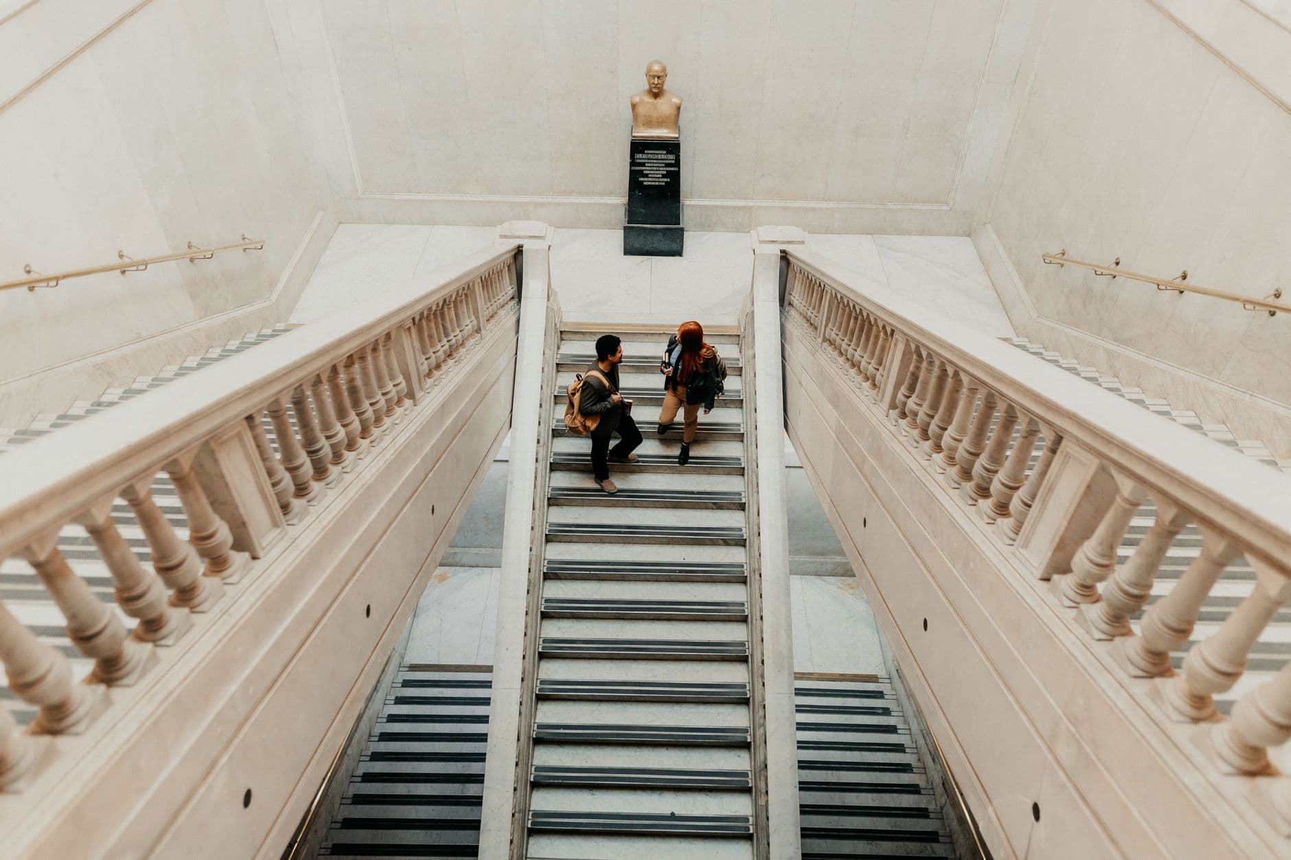 Aerial view of students in a grand staircase at a university in Buenos Aires, Argentina.