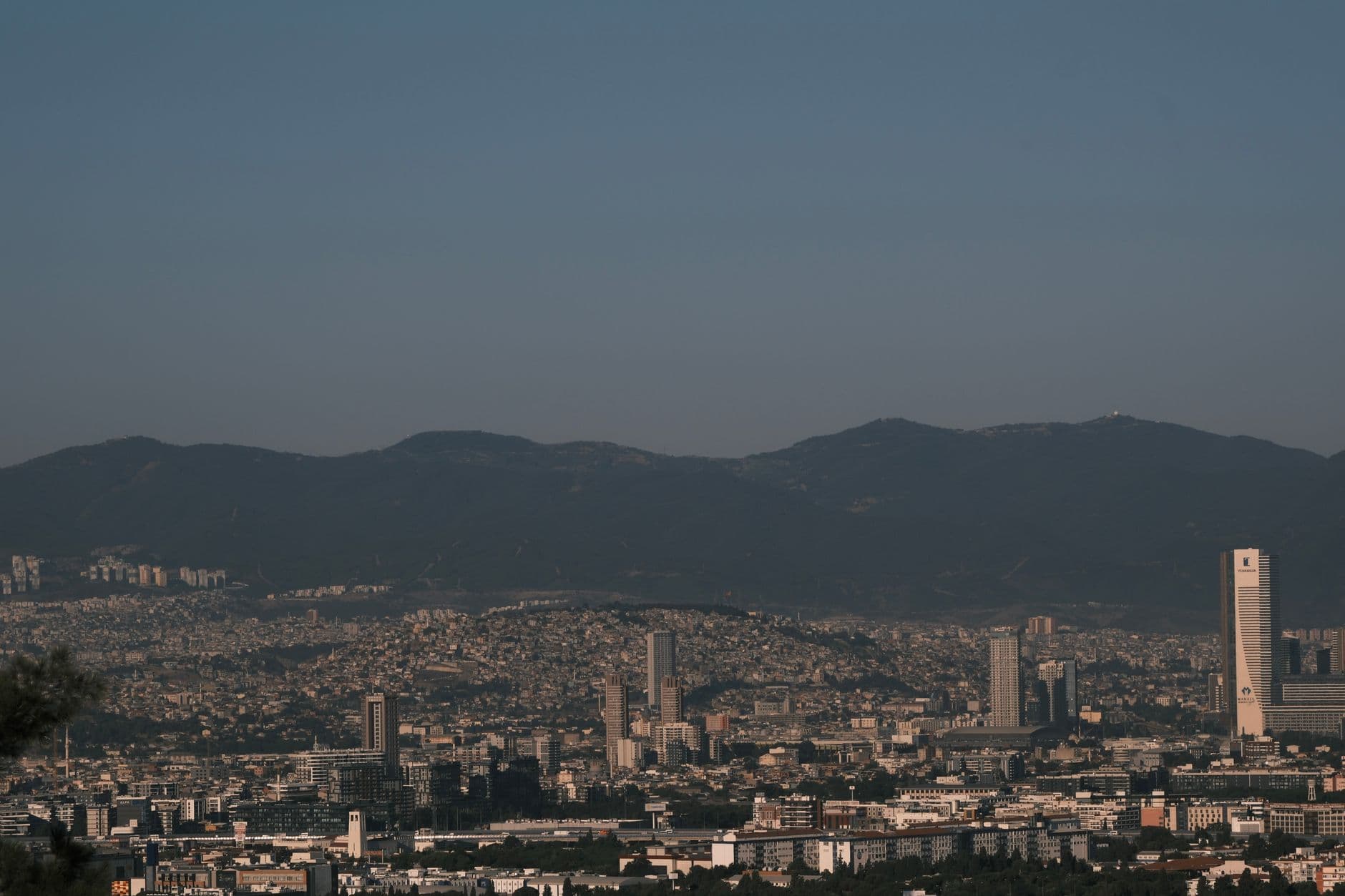 A panoramic view of Izmir's skyline against a mountain backdrop under a clear sky.