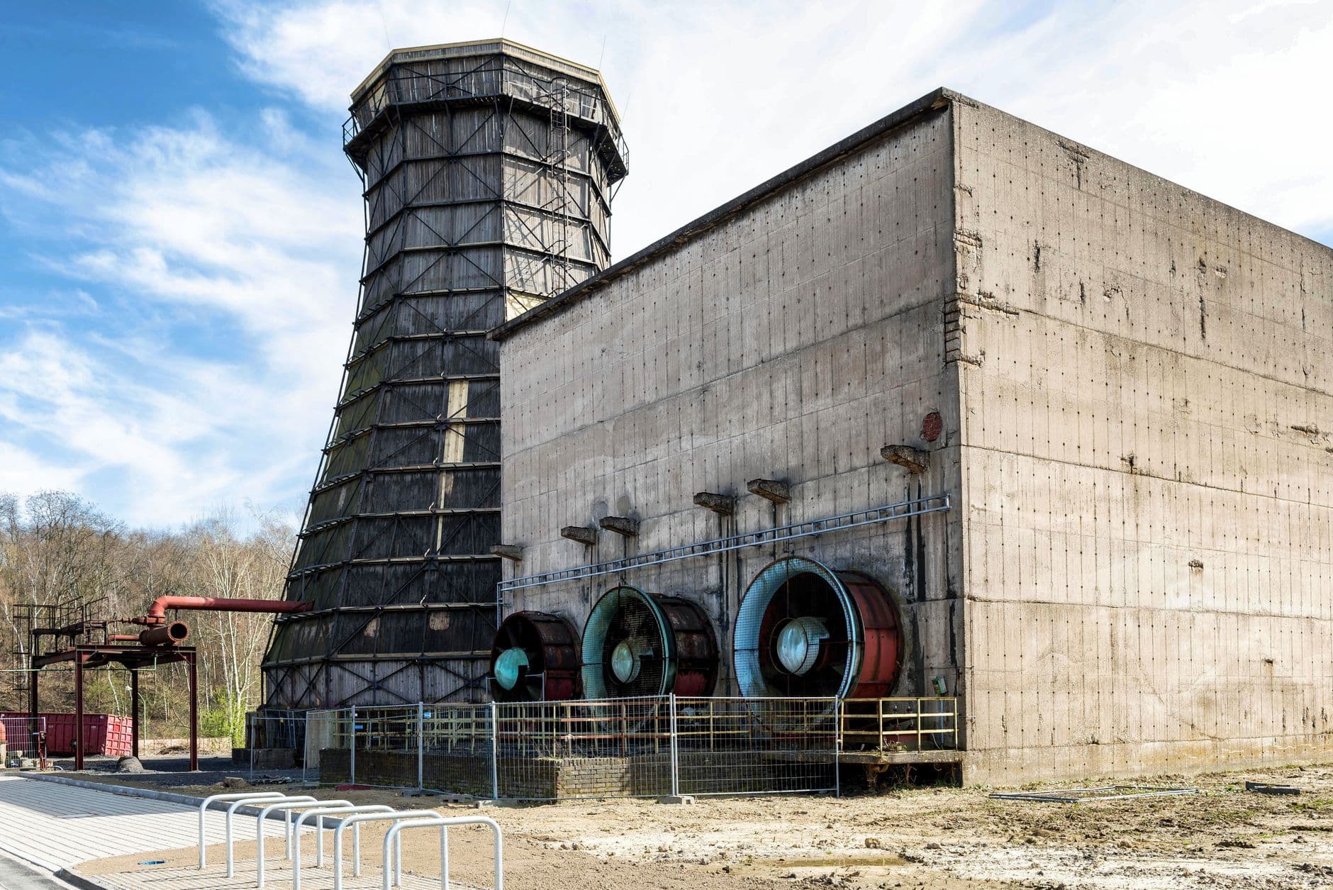 View of the historic industrial architecture at Zeche Zollverein in Essen, Germany.