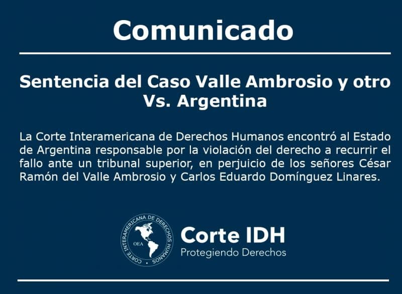 Corte IDH condena a Argentina por violar el derecho a recurrir el fallo ante un tribunal superior.