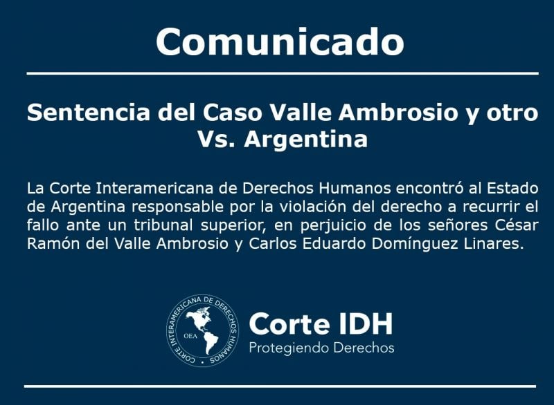 Corte IDH condena a Argentina por violar el derecho a recurrir el fallo ante un tribunal superior.